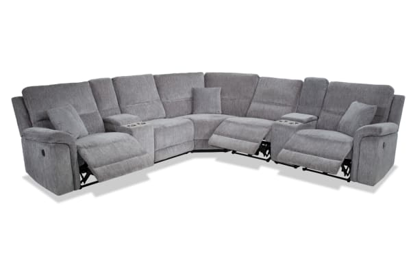 Renegade Gray 145'' Power Reclining 7 Piece Sectional in gray polyester fabric with plush pillows, padded arms, USB ports, cupholders, and hidden storage.