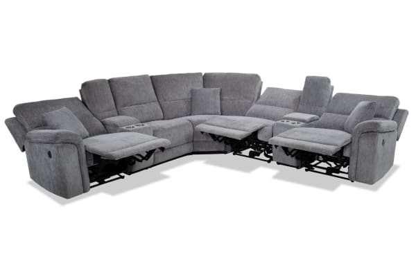 Renegade Gray 145'' Power Reclining 7 Piece Sectional in gray polyester fabric, transitional style with plush pillows, padded arms, USB ports, cupholders, and hidden storage.