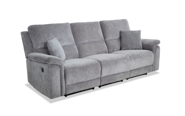 Renegade Gray 103'' power reclining sofa in gray polyester fabric with padded pillow-top arms, plush accent pillows, USB charging port, and transitional style.