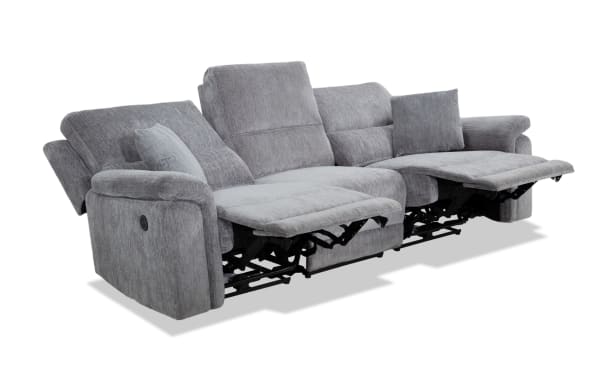 Renegade Gray 103'' power reclining sofa with armless chair, gray polyester fabric upholstery, plush pillows, padded arms, and built-in USB ports.
