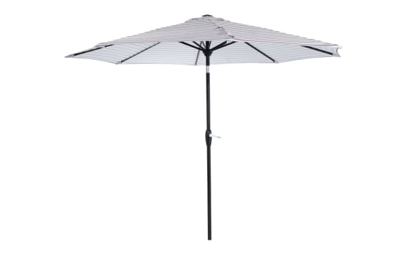 Charleston 9' gray striped outdoor market umbrella with powder-coated aluminum pole, polyester fabric, and push-tilt mechanism, transitional style.