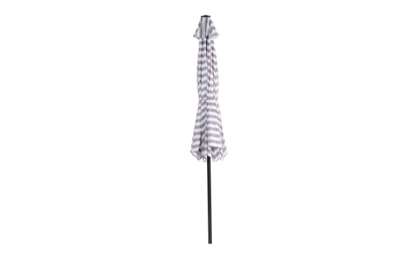 Charleston 9' gray striped outdoor market umbrella with powder-coated aluminum pole, polyester fabric, and push tilt function in transitional style.