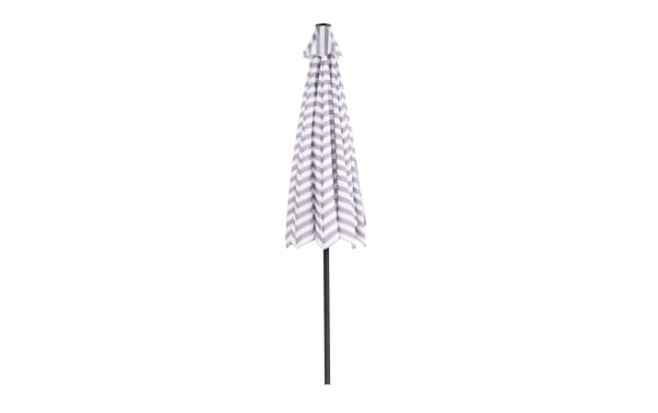 Charleston 9' gray striped outdoor market umbrella with powder-coated aluminum pole, polyester fabric, and push tilt function for sun and rain protection.