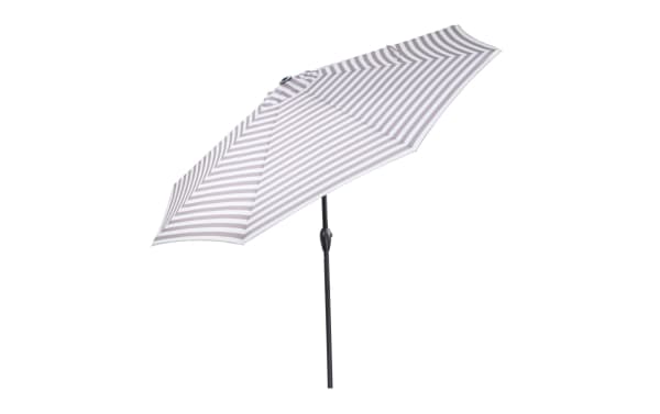 Charleston 9' gray striped outdoor market umbrella with powder-coated aluminum pole, polyester fabric, and push tilt feature for sun protection.