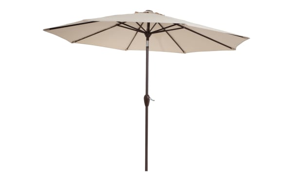 Lennox 9' beige outdoor market umbrella with powder-coated aluminum pole, fade-resistant polyester fabric, and transitional style canopy.