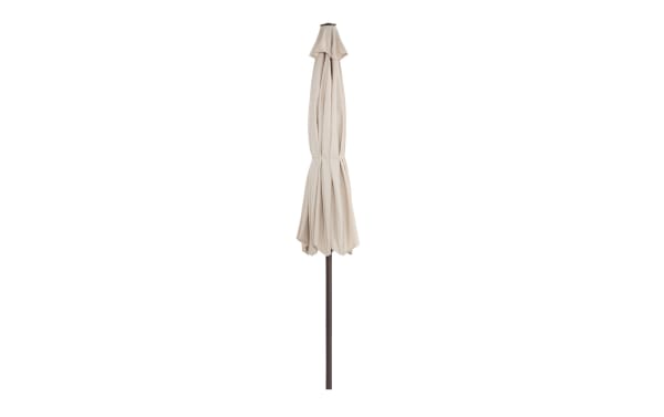 Lennox 9' beige outdoor market umbrella with powder-coated aluminum pole, fade-resistant polyester fabric, transitional style for patios and backyards