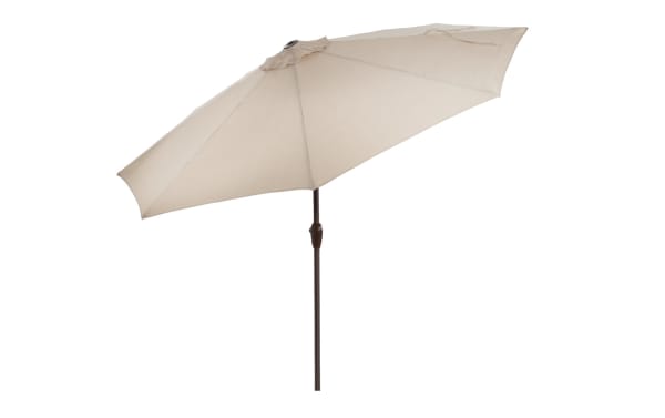 9' beige Lennox Outdoor Market Umbrella with powder-coated aluminum pole, fade-resistant polyester fabric, and transitional style for patio shade