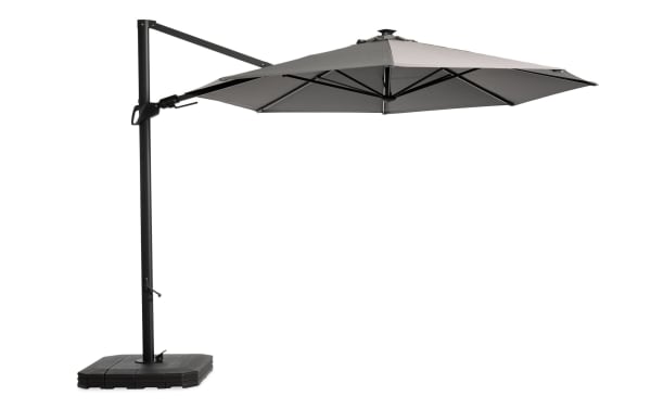 Gray Dream Outdoor 10-foot aluminum cantilever umbrella with polyester fabric canopy, LED lights, 360-degree rotation, and sturdy plastic base for outdoor shade.