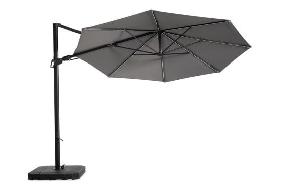 Gray Dream Outdoor 10-foot aluminum cantilever umbrella with 360-degree rotation, LED lights, polyester fabric, and sturdy plastic base for outdoor shade.