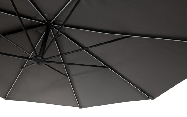 Gray polyester fabric canopy with black aluminum ribs and frame of the Dream 10' Gray Aluminum LED Outdoor Cantilever Umbrella, transitional style.