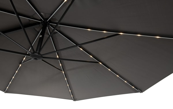 Gray polyester fabric Dream 10' aluminum cantilever umbrella with built-in LED lights and black metal frame, from Dream Outdoor collection.
