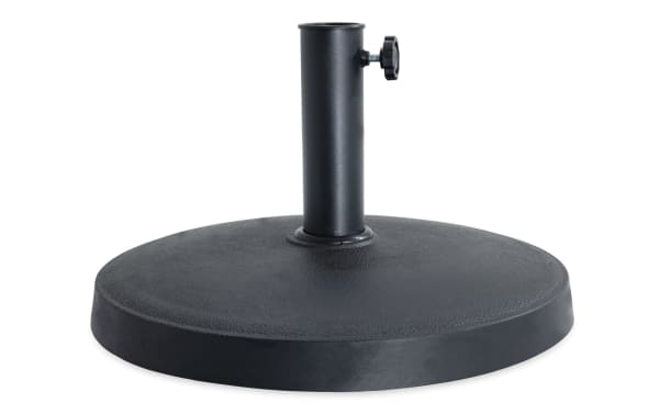 Outdoor black umbrella base with transitional style, made of powder-coated aluminum and concrete for stability in windy conditions.