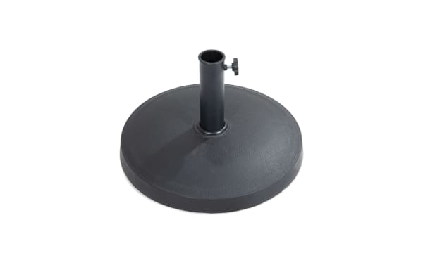 Outdoor black umbrella base with a round, powder-coated aluminum and concrete design, featuring a central pole holder and tightening knob for stability.