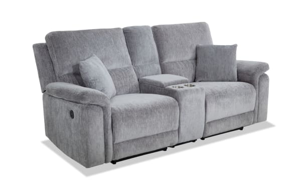 Renegade Gray 88'' power reclining console loveseat in gray polyester fabric with plush pillows, padded arms, USB ports, cupholders, and hidden storage.