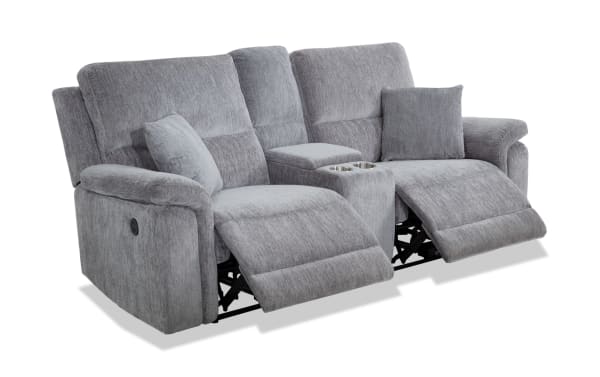 Renegade Gray 88'' power reclining console loveseat in gray polyester fabric with padded arms, plush pillows, USB ports, cupholders, and hidden storage.