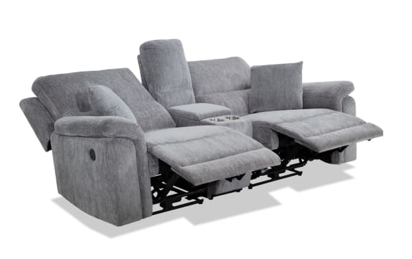 Renegade Gray 88'' power reclining console loveseat in gray polyester fabric with plush pillows, padded arms, USB ports, cupholders, and hidden storage.