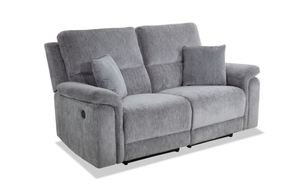 Renegade Gray 75'' power reclining loveseat in gray polyester fabric with plush pillows, padded pillow-top arms, and built-in USB port, transitional style.