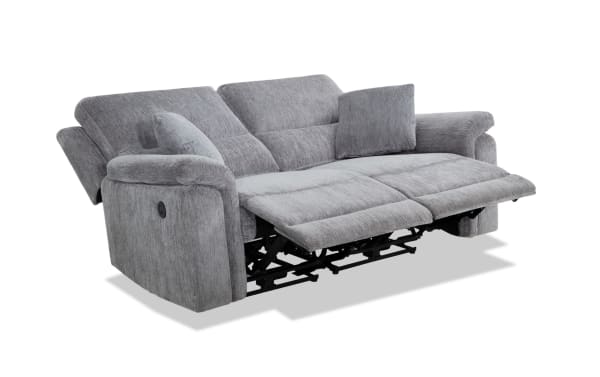Renegade Gray 75'' power reclining loveseat in gray polyester fabric with plush pillows, padded pillow-top arms, USB charging port, and transitional style.