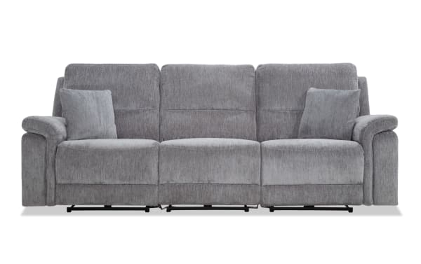 Renegade Gray 103'' power reclining sofa in gray polyester fabric with armless recliner, plush pillows, padded arms, and built-in USB ports, transitional style.