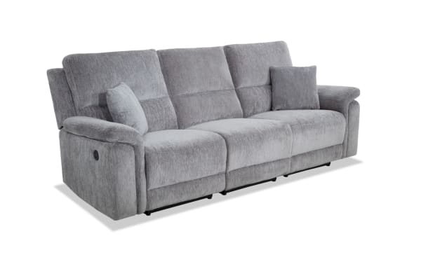 Renegade Gray 103'' power reclining sofa in gray polyester fabric with armless recliner, plush pillows, padded arms, and built-in USB port.
