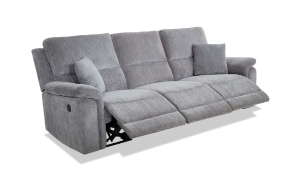 Renegade Gray 103'' power reclining sofa in gray polyester fabric with armless recliner, padded pillow top arms, plush pillows, and built-in USB port.