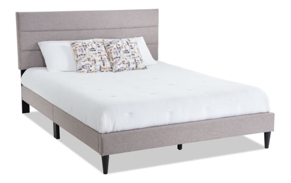 Lowell Full Latte Upholstered Platform Bed in beige polyester fabric with horizontal tufted headboard, MDF frame, slat roll, and center support legs, featuring a transitional style for durable, stylish bedroom furniture.