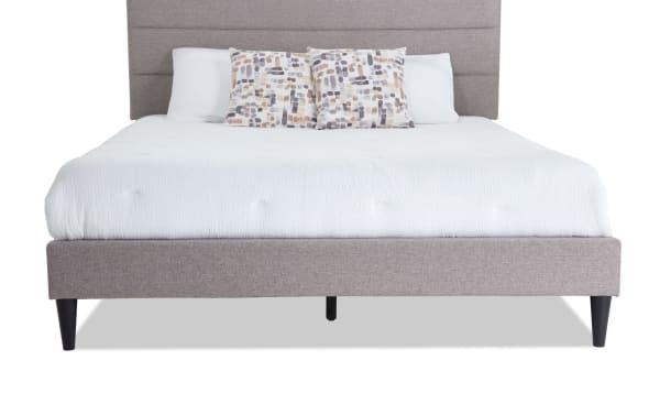 Lowell Full Latte Upholstered Platform Bed in beige polyester fabric with horizontal tufted headboard, MDF frame, slat roll, and center support legs.