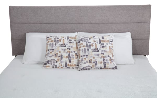 Lowell Full Latte Upholstered Platform Bed in beige polyester fabric with horizontal tufting, transitional style, MDF frame, and center support legs.