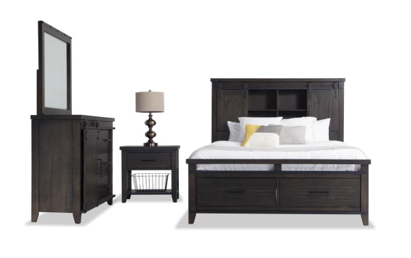 Montana 4 Piece Queen Brown Bookcase Storage Bedroom Set in rustic pine solids and veneer, featuring a bookcase bed with storage, USB ports, drawers, nightstand with basket, and dresser with soft-close, felt-lined drawers.