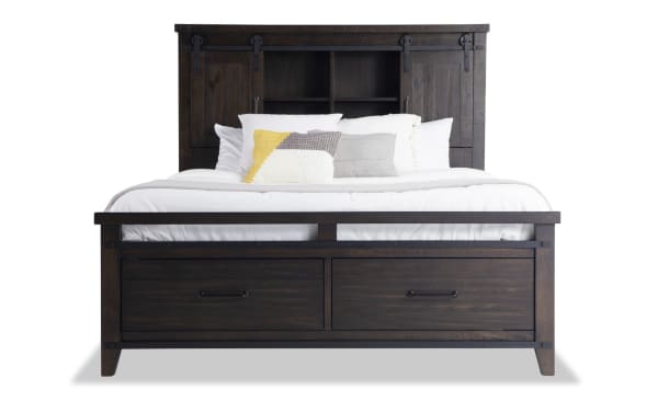 Rustic Montana 4 Piece Queen Brown Bookcase Storage Bedroom Set with pine solids, MDF, pine veneer, featuring a dark brown bookcase bed with storage compartments, sliding cabinet doors, USB ports, power outlets, and two footboard drawers.