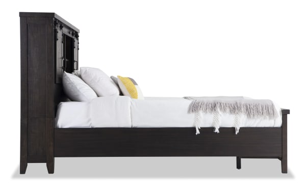 Montana 4 Piece Queen Brown Bookcase Storage Bed Set in rustic pine solids and veneer, featuring a dark brown bookcase bed with storage compartments, USB ports, power outlets, and two footboard drawers.