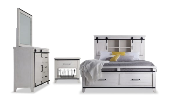 Montana 4 Piece Queen White Bookcase Storage Bedroom Set in rustic pine solids and MDF. Includes bookcase bed with storage drawers, cabinets, USB ports, power outlets, nightstand with basket, and dresser with soft-close, felt-lined drawers.