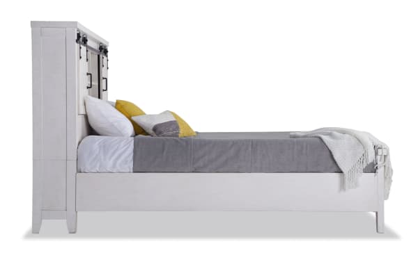 Montana 4 Piece Queen White Bookcase Storage Bedroom Set in rustic pine solids and MDF with white finish, featuring a bookcase headboard with cabinets, USB ports, power outlets, and storage drawers.