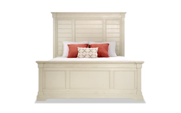 Laurel Queen White Panel Bed from Laurel Bedroom collection, featuring sturdy acacia and oak veneers, cottage style, tall paneled headboard and footboard in white finish.
