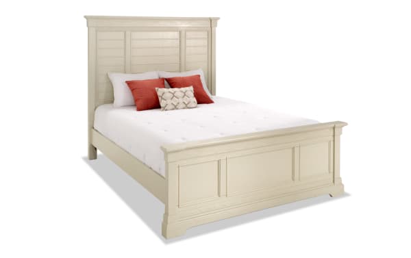 Laurel Queen White Panel Bed from Laurel Bedroom collection, cottage style with tall paneled headboard and footboard, made of sturdy acacia and oak veneers in white finish.