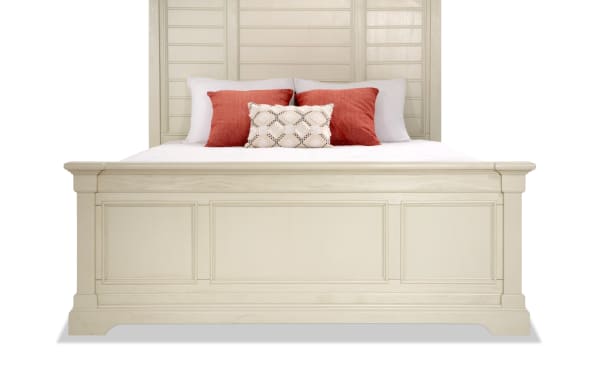 Laurel Queen White Panel Bed from Laurel Bedroom collection, featuring sturdy acacia and oak veneers, cottage style, tall paneled headboard and footboard in white finish.