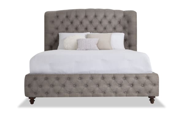Scarlett King Gray Upholstered Panel Bed in cottage style with gray polyester fabric, tufted headboard and footboard, and wooden legs.