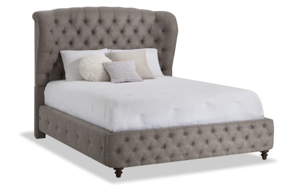 Scarlett King Gray Upholstered Panel Bed in cottage style with tufted gray polyester fabric, wood frame, and plush padded headboard and footboard.