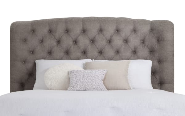 Scarlett King Gray Upholstered Panel Bed with tufted gray polyester fabric headboard, cottage style, plush padded design from Scarlett collection.