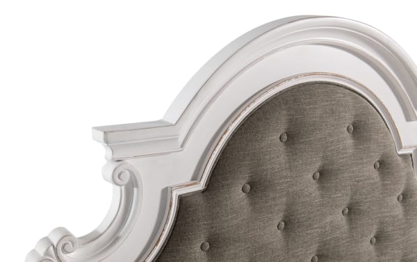 Scarlett Queen White Storage Platform Bed with tufted gray polyester fabric headboard, distressed birch veneer farmhouse style frame.