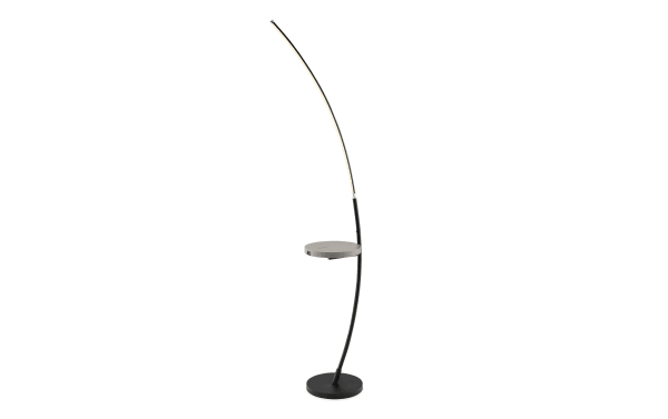 Contemporary Marco 67.5'' black metal LED floor lamp with curved vertical design and integrated wireless charging tray table for minimalist spaces.