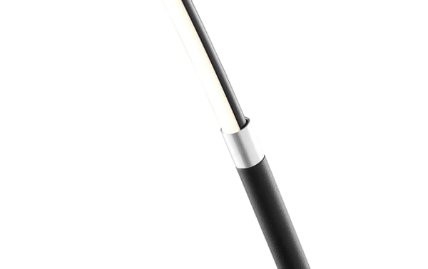 Contemporary Marco 67.5'' black metal LED floor lamp with vertical light and wireless charging tray, sleek minimalist design.