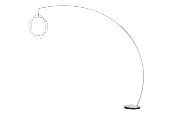 Aspen 81'' Silver LED Arch Floor Lamp in contemporary style, featuring a sleek metal frame with unique overlapping orbit-style LED rings for ambient lighting.