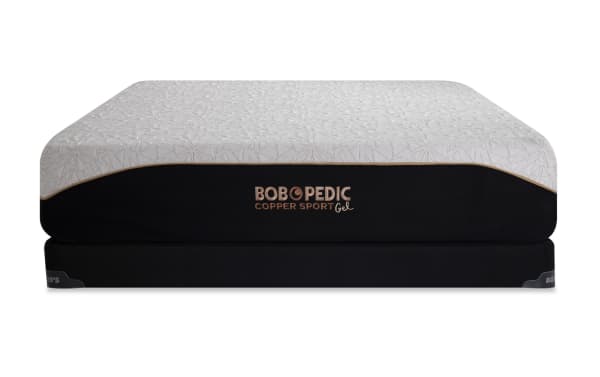 Bob-O-Pedic Copper Sport Gel 11.5" Full Firm Low Profile Mattress Set with white patterned cover, black base, and copper thread accents for cooling and pressure relief.