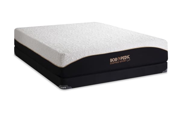 Copper Sport Gel 11.5'' Full Firm Low Profile Mattress Set by Bob-O-Pedic, featuring a white textured top with copper thread cover and black base, designed for temperature regulation and pressure relief with copper gel memory foam layers.