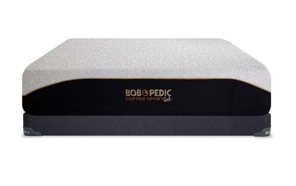 Bob-O-Pedic Copper Sport Gel 11.5'' Queen Firm Low Profile Mattress Set with white quilted top, black copper-thread cover, and dark gray base.
