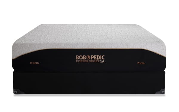 Bob-O-Pedic Copper Sport Gel 11.5'' Queen Dual Standard Mattress Set with plush and firm sides, white patterned top, black base, and copper thread cooling cover.