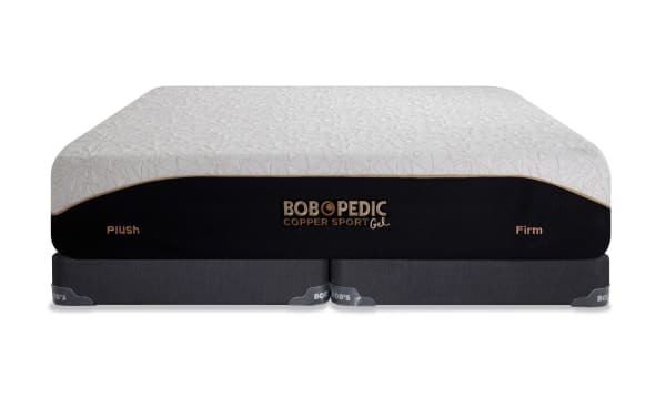 Copper Sport Gel 11.5'' Queen Dual Split Low Profile Mattress Set by Bob-O-Pedic, plush and firm sides, white quilted top with copper-threaded cover for cooling and pressure relief.