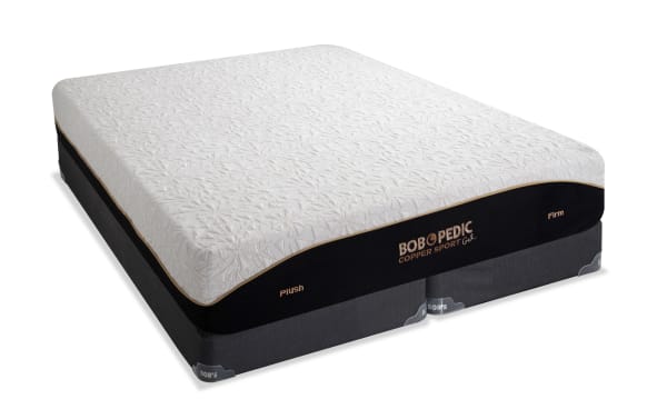 Copper Sport Gel 11.5'' Queen Dual Split Low Profile Mattress Set by Bob-O-Pedic, white textured top with black sides, plush and firm sides, copper gel memory foam for cooling and pressure relief.