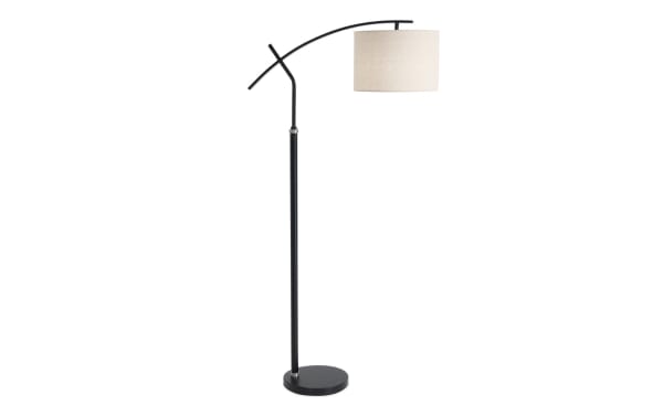 Hunter 59.4'' Blackened Bronze Adjustable Arc Floor Lamp with beige linen drum shade, metal base, and swing-arm design for versatile lighting.